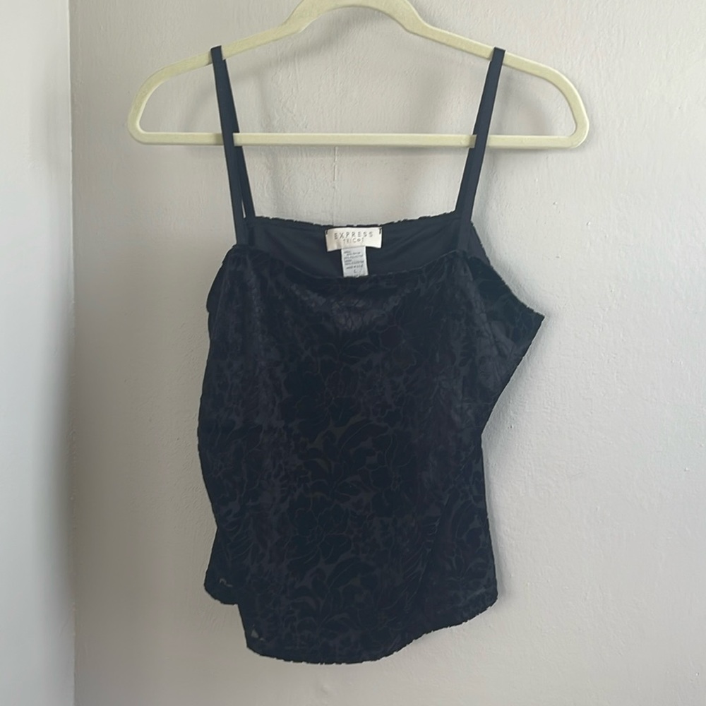 Express Tricot Black Burnout Velvet Floral Cami Top Large 90s Vintage Devore